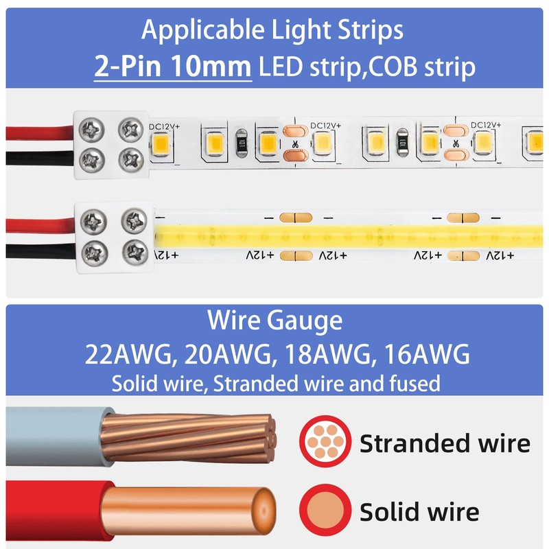 SIOKUY 20 PCS 2-Pin 10mm Solderless LED Strip Connectors, Reliable