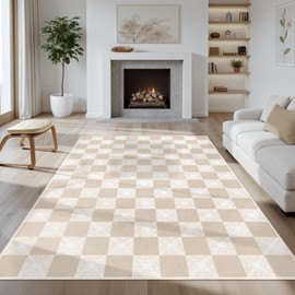 Kiginara Checkered Rug 5x7,Machine Washable Checkerboard Area Rugs for Living Room, Non-Slip Soft Low Pile Neutral Carpet for Bedroom, Playroom, Modern Farmhouse Geometric Decor (Ivory)