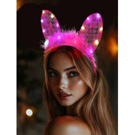 Foyte Pink Cat Ears Headband Light Up Lace Hair bands Glowing Fluffy Head Bands Short Ears Hair Accessories for Women (Pink, one-size)