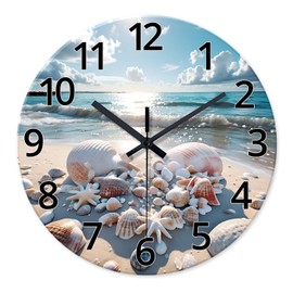 XNM Analog Blue Beach Wall Clocks for Living Room Office Coastal Sea Shell Wall Clock Battery Operated 12 Inch Modern Round Glass Wall Clock Non Ticking