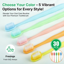 Fresings 30 Pack Bulk Disposable Toothbrushes - Individually Wrapped Soft Bristle Travel Toothbrush, 5 Colors - for Hotel, Guests, Donations, Emergencies - Adults & Kids Single Use Toothbrushes