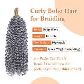 S-noilite Curly Braiding Hair, Marlybob Crochet Braids Hair Extension, 35 cm, Water Wave Afro Kinky Jerry Curl Pre-Stretched Ombre Braiding Hair for Black Women, 1 Pack 100g, Dark Grey
