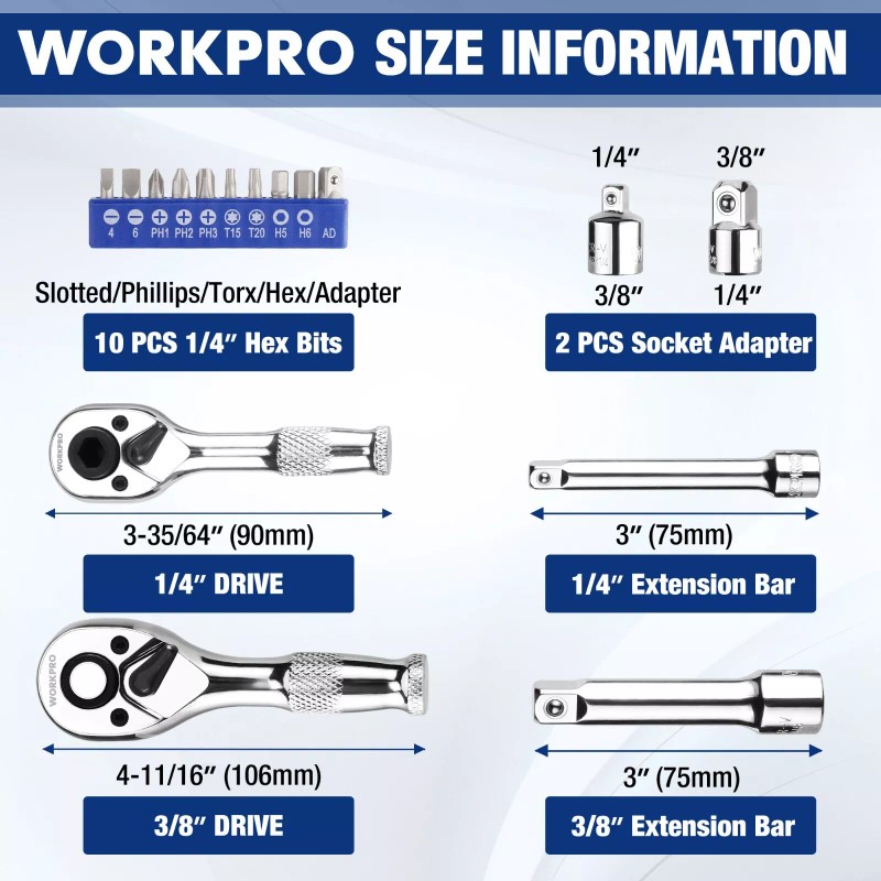 Workpro Stubby Ratchet & Bit Driver Set 16 PCS, 1/4",
