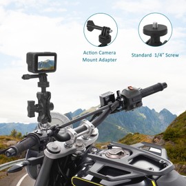 Camera Mount with 360°Dual Ball Head, Motorcycle Handlebar Mounting Bundle Kit for lnsta360 X5/X4/X3/ Gopr0//LED Light, 1/4"-20 & Tripod Adapter, Action Camera Mount Adapter for M8 Hole Base,75018