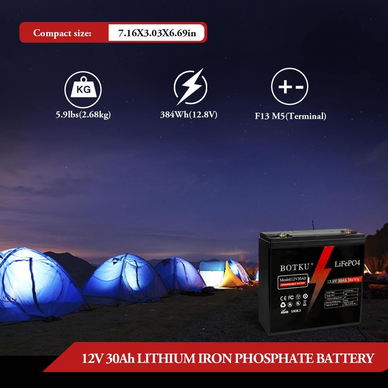BOTKU 12V 30Ah Lithium LiFePO4 Deep Cycle Battery, 3000+ Cycle