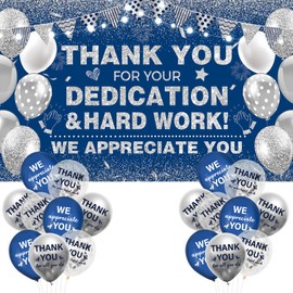 We Appreciate You Decorations Blue Silver Appreciate You Banner with 18pcs Balloons Thank You Backdrop for Employee Staff Teacher Poaster Volunteer Appreciation Week Party Decor