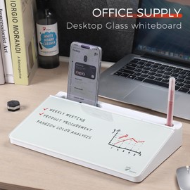 TOWON Small Compact Glass Desk Whiteboard with Storage 12 x 7 Inch Dry Erase for Desk Home Office School Includes 5 Markers, Eraser and Holder