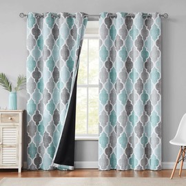 Beauoop 100% Blackout Curtains 108 Inches Long 2 Panels for Bedroom Living Room Aqua Grey Moroccan Geo Room Darkening Thermal Insulated Soundproof Grommet Top Window Treatments Drapes, 50x108 Set of 2