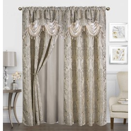 Traditional Jacquard Curtain Drape Set 2-Panels 84-Inch Length, Includes Attached Valance, Sheer Backing, 2 Tassels, Damask Floral Pattern Drape for Living and Dining Rooms, DL647-84, Beige