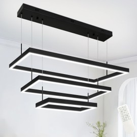 Mccokaige Black 3 Ring Modern LED Chandelier Dimmable Rectangular Light Fixture for Living Room Dining High Ceiling - Adjustable Contemporary Pendant Light