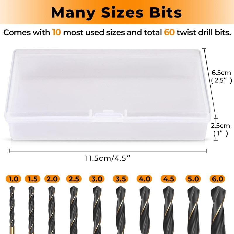 CYLBAQ 60PCS HSS Drill Bit Set, 1mm-6mm High Speed Steel