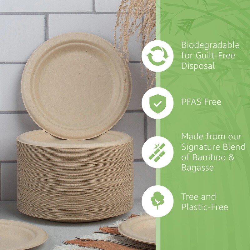 Ibambo Bamboo Disposable Paper Plates - Compostable Plate, PFAS Free