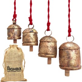 HIGHBIX Set of 4 Country Rustic Harmony Cow Bells Vintage Handmade Rustic Lucky Christmas Hanging Bells Wall Hanging Décor