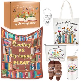 Paterr 6 Pcs Book Lover Gifts for Women, Mother's Day Book Club Gifts for Bookish, Canvas Tote Bag Makeup Bag Print Blanket Socks 16oz Glass Coffee Cup with Straw Cute Keychain for Librarian Birthday