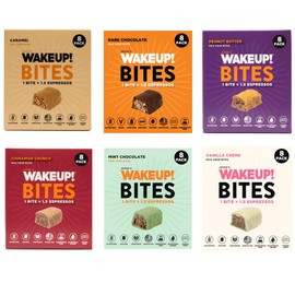WAKE UP! Caffeinated Protein Bites – 6 Flavor Variety Pack (Chocolate, Caramel, Mint Chocolate, Vanilla Creme, Cinnamon Crunch, Peanut Butter) – 175mg Caffeine (1 Bite = 1.5 Espressos) – Gluten-Free, Vegetarian, Kosher – Boosts Focus & Clarity – 6 Carton
