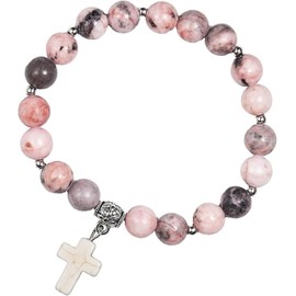 FANMAOUS Christian Cross Bracelet for Women,Cross Healing Crystal Bracelet,Natural Stone Stretch Bracelet,Faith Easter Catholic Religious Bracelet For Teens, Best Friends and Godmothers（pink）