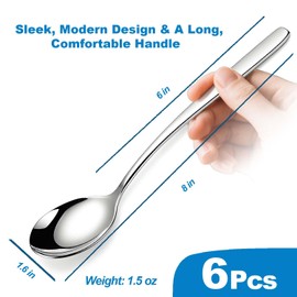 Flying Leaves Set of 6 Premium Korean Soup Spoons, 8 Inch 18/10 Stainless Steel Long Handle Rice and Asian Spoon for Home, Kitchen, Restaurant, Cafe, Dishwasher Safe