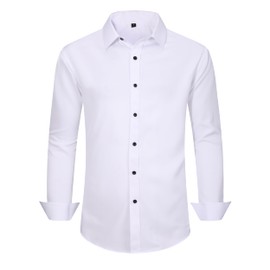 CIGENU Men's Dress Shirts for Business Casual - Long Sleeve Button Down Shirts (Black Button) Solid White XL