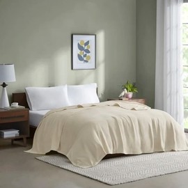 Luxurious Lightweight 100% Cotton Blanket | Classic Basket Weave Pattern Adds Texture | King Size Natural Cream Color | Durable All Season Comfort | Extra Soft & Plush Glam Elegant Sophisticated Look