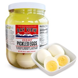 Bay View Pickled Eggs, No Artificial Ingredients, Gluten Free, 0g Sugar, 6g Protein, Fresh Grade A Eggs, Boiled and Peeled (64oz, Red Hot)