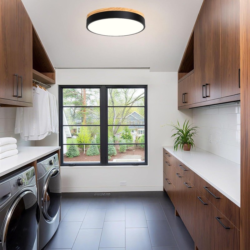 Dimmable Modern Wood Ceiling Light, Black LED 5CCT 2700K-6000K Flush