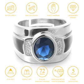 HALUKAKAH Diamond Ring with Blue Gemstone Crystal,Men's 18k Real White Gold Platinum Plated Iced Out Handset Lab Diamonds Black Agate Size Adjustable with Free Giftbox