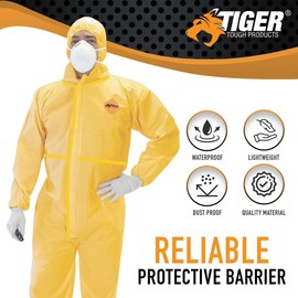 Tiger Tough Chemical Protection Coveralls - Hazmat Suits with Hood & Zipper – Durable Yellow Chemical Suit for Industrial Use, Large, 12-Pack