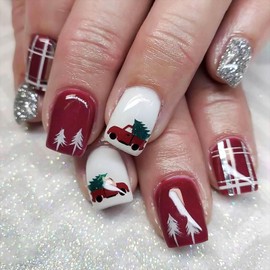 Vokupoga Christmas Press on Nails - Short Square Silver Glitter False Nails with Christmas Tree Designs - 24Pcs