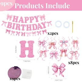 Pink Bow Birthday Party Decorations,Pink Bow Birthday Banner Pink Bow Party Hanging Swirls Decorations Set for Girls Bow Birthday Decorations,Pink Party Decor,Bridal Shower Party Decorations