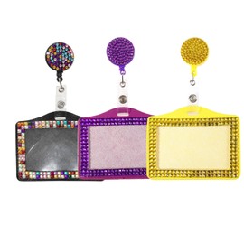 Fashion 3PCS Pack Blingbling ID Badge Holder,Exclusive Crystal Work ID Name Card Holder,Rhinestone Retractable Badge Reel Clip for Women(Rainbow,Yellow,Purple)