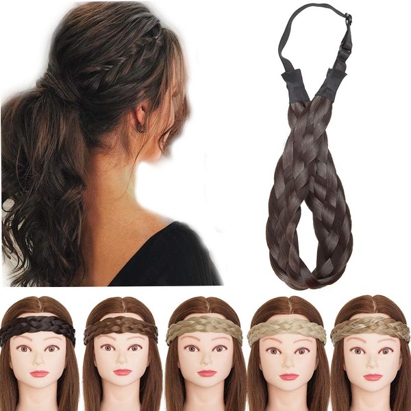 Twist Braided Hair Headbands 5 Strands Synthetic Hair Classic Chunky Wide Braids Elastic Stretch Plaited Braid Hairpiece Women Beauty Accessory 30g 1 inch wide 4A Dark Brown