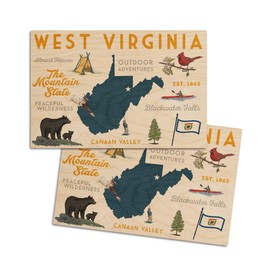 West Virginia, The Mountain State, Typography and Icons (4x6 Birch Wood Postcards, 2-Pack Stationary, Rustic Home Wall Decor)