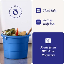 HOMZ 2-Pack Utility Tub, Large Plastic Storage Bucket with Rope Handles, 17 Gallon, Blue - Portable Indoor and Outdoor Buckets for Kitchen, Laundry, Garden, Bathroom, and Garage Organization