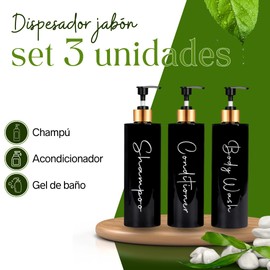 Seifenspender für Bad | Set mit 3 Dosen für Shampoo und Conditioner 500 ml mit Bambusdetails | Dieser Seifenspender in Schwarz und Gold ist elegant und wertet den Stil Ihres Hauses auf
