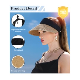 Women Wide Brim Straw Visor Sun Hat UV Protection Packable Beach Cap for Summer UPF 50+(Khaki)