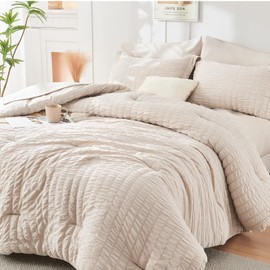 HYMOKEGE Beige Full Size Comforter Sets Seersucker 7 Pieces, All Season Luxury Bed in a Bag for Bedroom, Bedding Set with Comforters, Sheets, Pillowcases & Shams