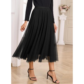 Happy Sailed Black Skirt for Women Fall Fashion Elastic High Waisted A-Line Pleated Flowy Long Tulle Tutu Skirts Date Night Outfit Womens Clothes 2025 Black Large