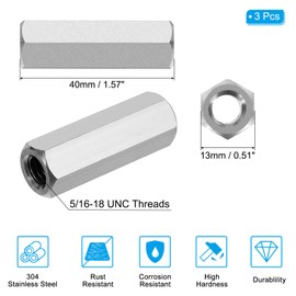 PATIKIL 5/16"-18 UNC 304 Stainless Steel Hex Coupling Nuts, 3Pcs 1.57" Length Fully Threaded Rod Coarse Coupling Nut Studding Connector Fasteners, Silver Tone