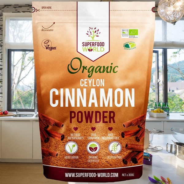 Organic Ceylon Cinnamon Powder 300g - Premium Quality True Organic Certified Ceylon Cinnamon - Powerful Natural Superfood Spice Ideal Powdered Seasoning for Cooking, Desserts, Tea & Treats