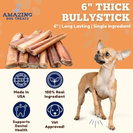 Amazing Dog Treats Bully Sticks 6 Inch [Extra Thick - 10 Pcs/Pck] -NO Hide Bones for Dogs - Safe Chews for Dogs - Long Lasting Bully Sticks