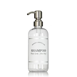 Refillable Clear PET Plastic 16 oz Shampoo Bottle with Stainless Steel Pump Dispenser - Chrome Accent Waterproof Labeled Bottle