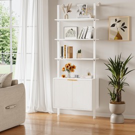 INNOD 74" Tall Bookshelf with Storage Cabinet, Modern Ladder Shelf with Wood and Metal Frame, Wall Mount Bookcase Open Display Shelf Furniture for Living Room, Bedroom, Home Office, White