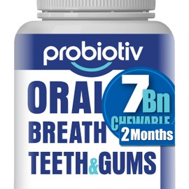 Probiotiv Oral Probiotics for Mouth Bad Breath 7 Billion CFU - Chewable Dental Probiotics for Teeth & Gums, Fresh Breath Freshener, Supports Oral Microbiome & Healthy Mouth