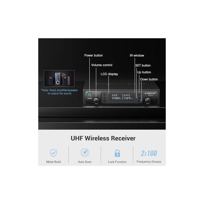 Phenyx Pro Sistema de Micrófono Inalámbrico UHF Dual PTU-71-1H1B