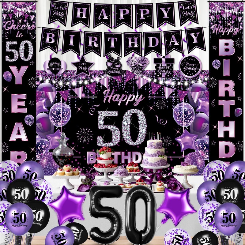 Purple 50th Birthday Decorations for Women Purple Black Happy 50th
