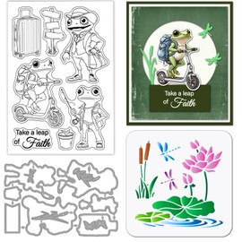 GLOBLELAND Funny Frog Clear Silicone Stamp Metal Fishing Travel Cutting Die Cuts Lotus Dragonfly Paint Craft Stencils for Card Making Scrapbooking Craft DIY Embossing