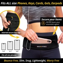 Build & Fitness Zipper Running Belt, Secure Key Clip – Lightweight, Slim, Comfortable – Fits all size Phones, Keys, Cards, Airpods, GUs – for Men & Women – Run, Jog, Gym workout, Cycle, Hiking