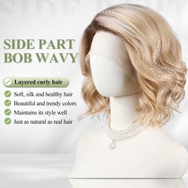 starluck Side Part Wavy Wig Blonde with Brown Root Layered Lace Front Bob Wig 14 Inch Shoulder Length Heat Resistant Synthetic Wig for White Women