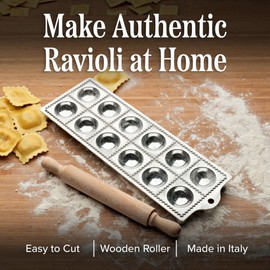 Ravioli Mold - Pasta Cutter Makes 12 Round 2” Raviolis - Easy to Use Stuffed Pasta Maker with Wood Roller and Non-Slip Rubber Feet - Made in Italy Kitchen Tools by Kings County Tools