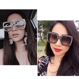 Armear Women Trendy Rhinestone Sunglasses Oversized Square Crystal Frame Gradient Lens Grey 67mm